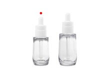 Transparente 30-ml-Flasche aus Kunststoff (PETG) in zylindrischer Form mit weißer Pipette-bildgruppe
