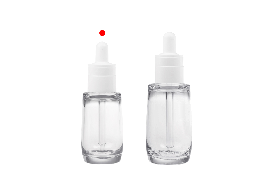 Transparente 30-ml-Flasche aus Kunststoff (PETG) in zylindrischer Form mit weißer Pipette-bildgruppe