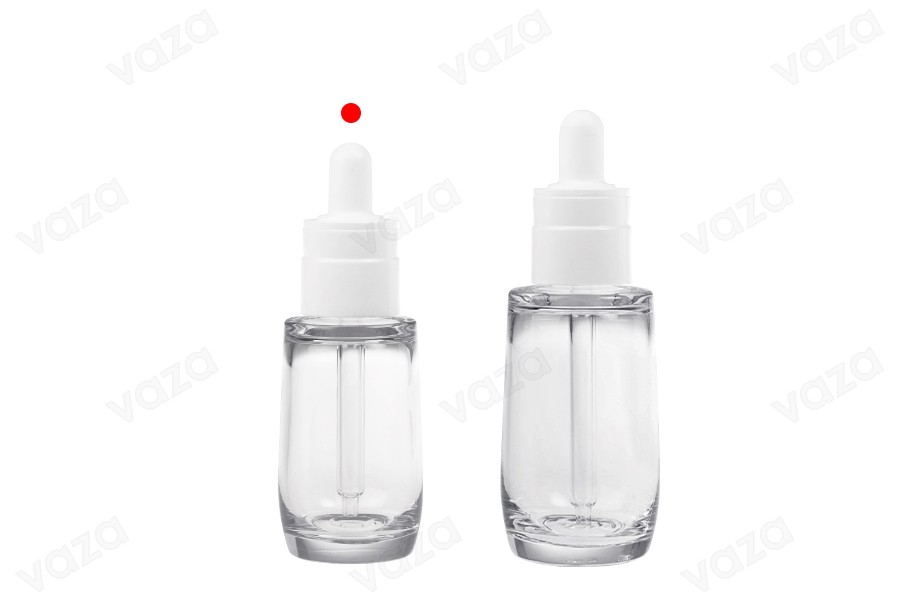 Πλαστικό (PETG) διάφανο μπουκαλάκι 30 ml σε κυλινδρικό σχήμα με λευκό σταγονόμετρο και αποστραγγιστήρα-εικόνα_σύνθεση