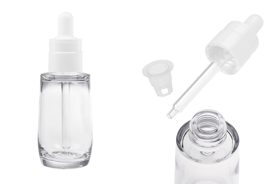 Flacone in plastica (PETG) trasparente da 50 ml di forma cilindrica con contagocce bianco e sgocciolatoio-immagine_prodotto