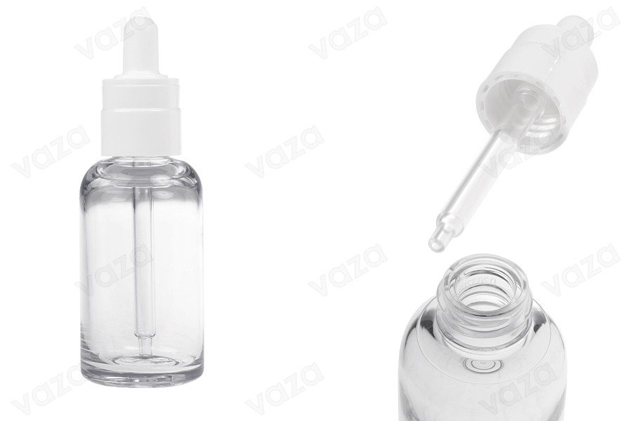 Transparent plastic (PETG) bottle in cylindrical shape 50 ml with white dropper Transparent plastic (PETG) bottle in cylindrical shape 50 ml with white dropper-image_product
