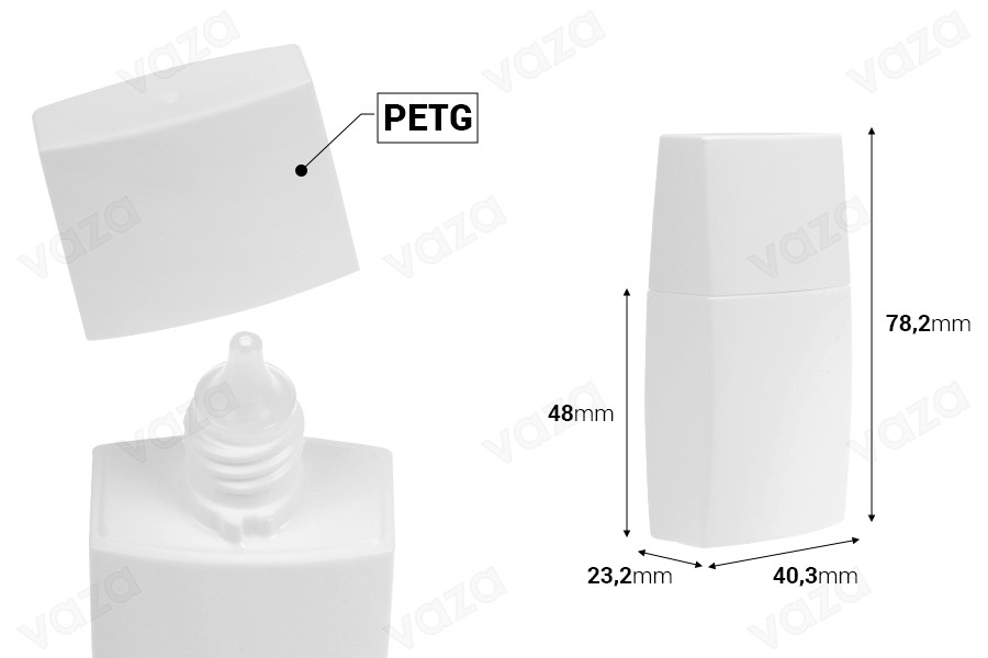 Plastic (PETG) bottle 30 ml in white color with cap and spout for liquid cosmetics-image_dimensions