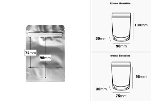 Sachets en aluminium (type Doypack) 90 x 30 x 130 mm avec fermeture zip et possibilité de thermoscellage - 100 pcs-εικόνα_διαστάσεις