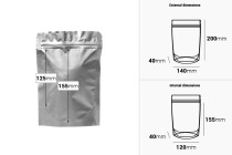Aluminum Doypack stand-up pouch, 140x40x200 mm with zipper, heat sealable, 100 pcs Aluminum Doypack stand-up pouch, 140x40x200 mm with zipper, heat sealable, 100 pcs-image_dimensions