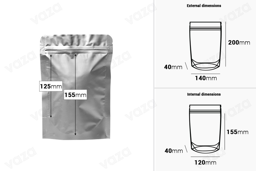 Sachets en aluminium (type Doypack) 140 x 40 x 200 mm avec fermeture zip et possibilité de thermoscellage - 100 pcs-photo_dimensions