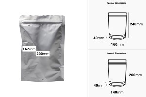 Doy Pack-Aluminiumbeutel 160x40x240 mm mit Reißveschluss und der Möglichkeit zum Heißsiegeln - 100 Stück-εικόνα_διαστάσεις