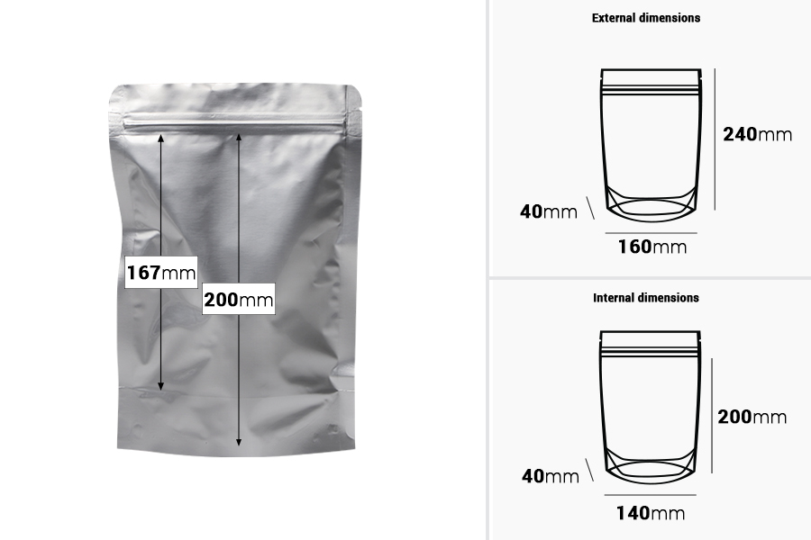 Aluminum Doypack stand-up pouch, 160x40x240 mm with zipper, heat sealable, 100 pcs Aluminum Doypack stand-up pouch, 160x40x240 mm with zipper, heat sealable, 100 pcs-image_dimensions