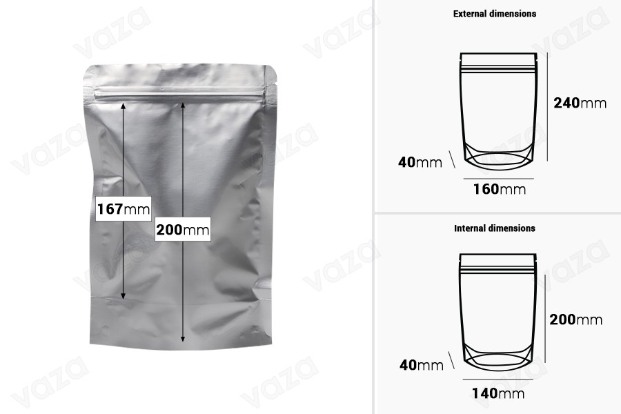 Σακουλάκια αλουμινίου τύπου Doy Pack 160x40x240 mm με κλείσιμο "zip" και δυνατότητα σφράγισης με θερμοκόλληση - 100 τμχ Σακουλάκια αλουμινίου τύπου Doy Pack 160x40x240 mm με κλείσιμο "zip" και δυνατότητα σφράγισης με θερμοκόλληση - 100 τμχ-εικόνα_διαστάσεις