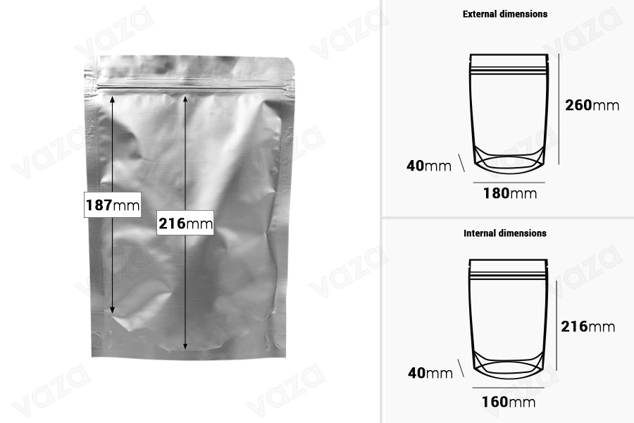 Qese alumini Doy Pack 180x40x260 mm, me mbyllje “zip” dhe mundësi vulosjeje me nxehtësi – 100 copë Qese alumini Doy Pack 180x40x260 mm, me mbyllje “zip” dhe mundësi vulosjeje me nxehtësi – 100 copë-εικόνα_διαστάσεις