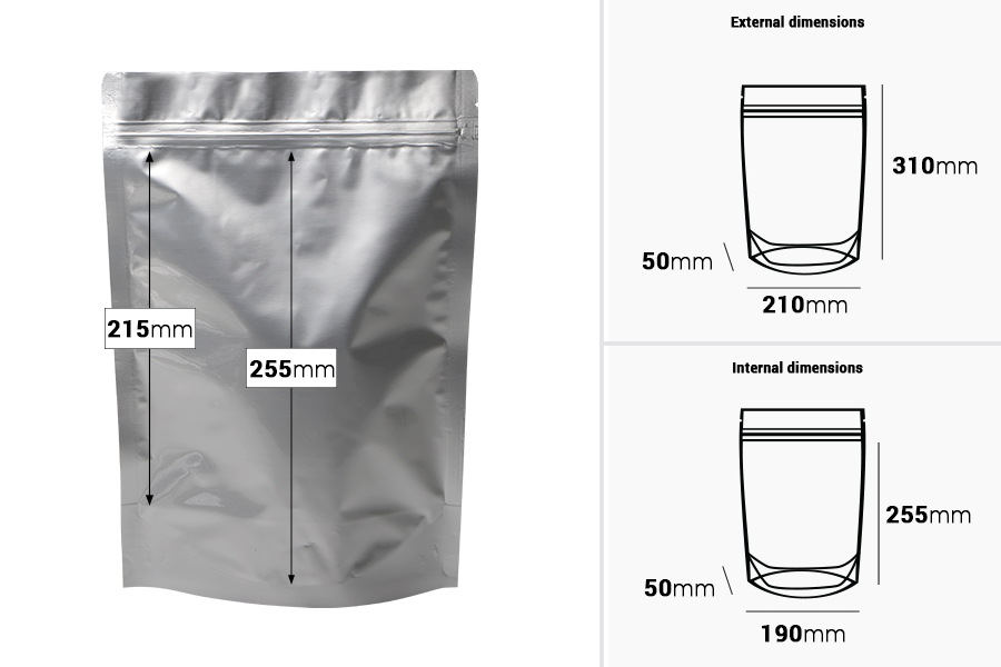 Aluminum Doypack stand-up pouch, 210x50x310 mm with zipper, heat sealable, 100 pcs-image_dimensions