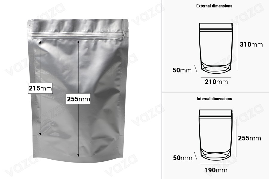 Σακουλάκια αλουμινίου τύπου Doy Pack 210x50x310 mm με κλείσιμο "zip" και δυνατότητα σφράγισης με θερμοκόλληση - 100 τμχ Σακουλάκια αλουμινίου τύπου Doy Pack 210x50x310 mm με κλείσιμο "zip" και δυνατότητα σφράγισης με θερμοκόλληση - 100 τμχ-εικόνα_διαστάσεις