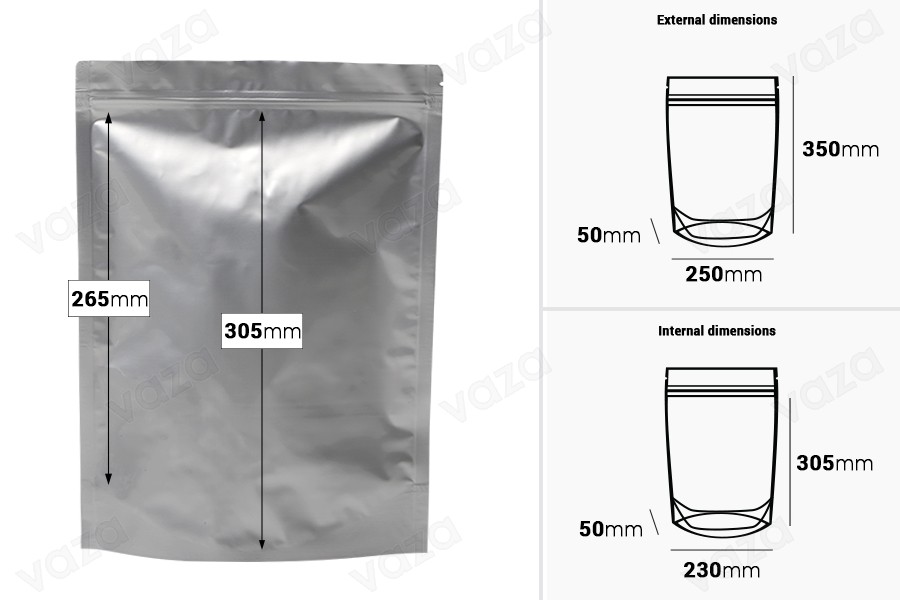 Σακουλάκια αλουμινίου τύπου Doy Pack 250x50x350 mm με κλείσιμο "zip" και δυνατότητα σφράγισης με θερμοκόλληση - 100 τμχ Σακουλάκια αλουμινίου τύπου Doy Pack 250x50x350 mm με κλείσιμο "zip" και δυνατότητα σφράγισης με θερμοκόλληση - 100 τμχ-εικόνα_διαστάσεις
