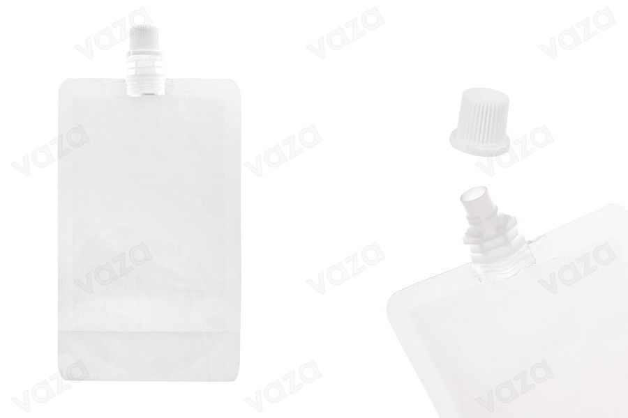 Sacchetto del becco tipo Doy Pack trasparente da 250 ml con tappo bianco Sacchetto del becco tipo Doy Pack trasparente da 250 ml con tappo bianco-immagine_prodotto