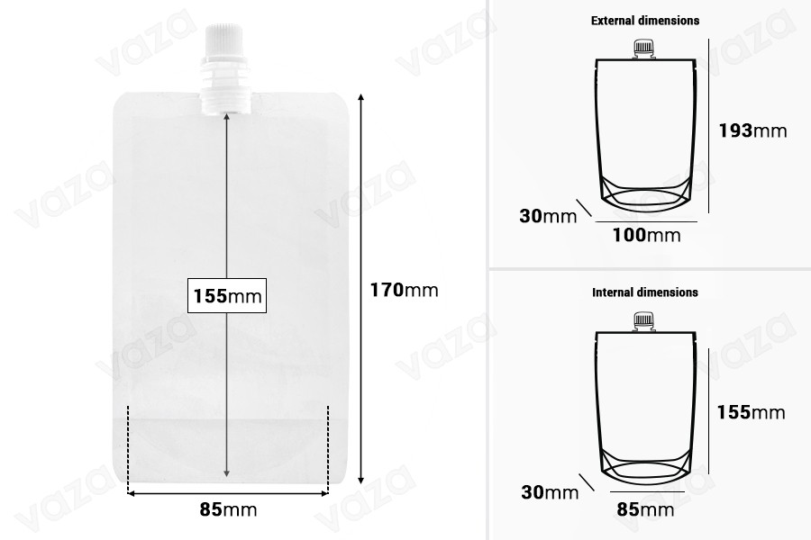Sacchetto del becco tipo Doy Pack trasparente da 250 ml con tappo bianco Sacchetto del becco tipo Doy Pack trasparente da 250 ml con tappo bianco-dimensioni_immagine