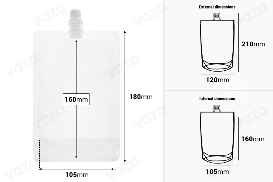 Συσκευασία (ασκός) τύπου Doy Pack διάφανη 380 ml με λευκό καπάκι Συσκευασία (ασκός) τύπου Doy Pack διάφανη 380 ml με λευκό καπάκι-εικόνα_διαστάσεις