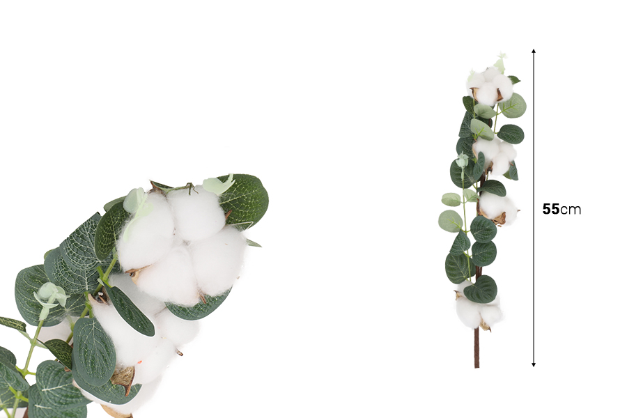 Branche décorative - fleur de coton avec feuilles vertes-photo_dimensions