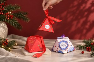 Christmas paper gift box 80x80x92mm in pyramid shape with ribbon and greeting card/tag - 10 pcs-εικόνα_σύνθεση