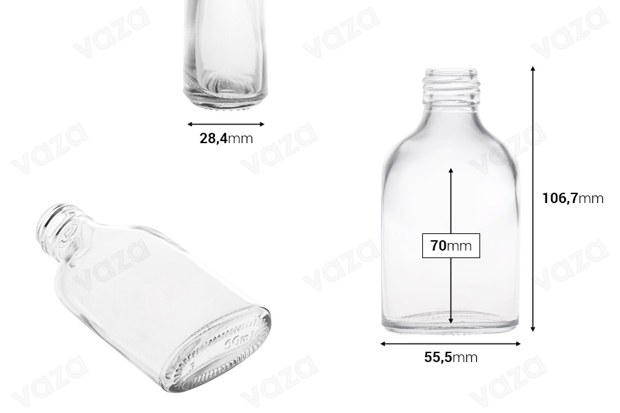 Γυάλινο μπουκάλι 60 ml (PP24) σε πλακέ σχήμα Γυάλινο μπουκάλι 60 ml (PP24) σε πλακέ σχήμα-εικόνα_διαστάσεις