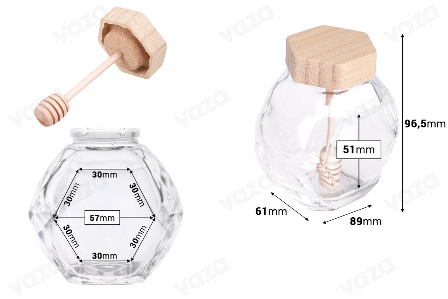 Γυάλινο βάζο 205 ml με ξύλινο φελλό και dipper για μέλι-εικόνα_διαστάσεις