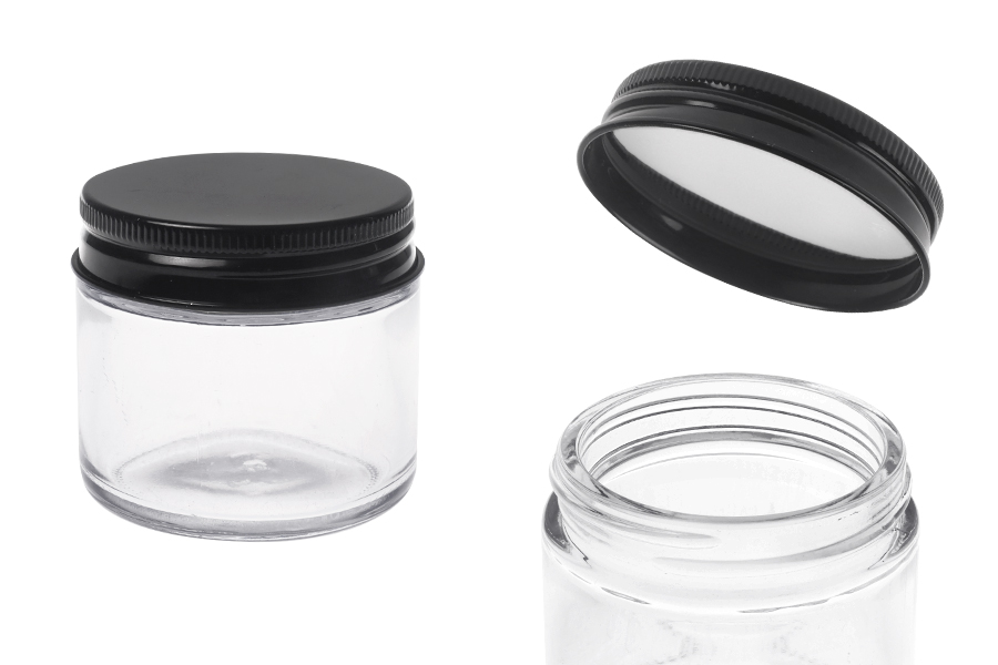 Pot en verre transparent de 60 ml avec bouchon en aluminium noir et doublure intérieure Pot en verre transparent de 60 ml avec bouchon en aluminium noir et doublure intérieure