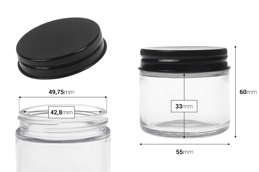 Pot en verre transparent de 60 ml avec bouchon en aluminium noir et doublure intérieure Pot en verre transparent de 60 ml avec bouchon en aluminium noir et doublure intérieure