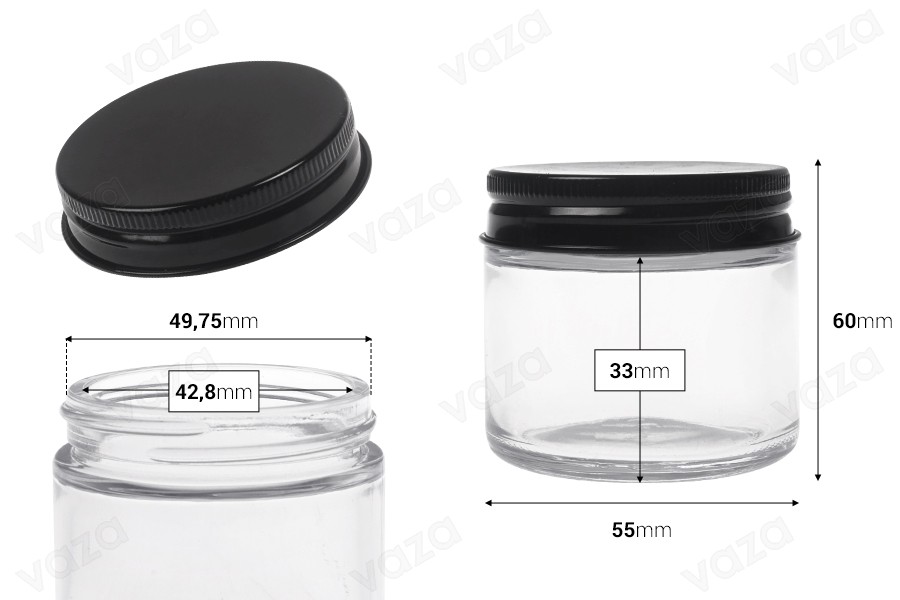 Γυάλινο βάζο 60 ml διάφανο με μαύρο καπάκι αλουμινίου και εσωτερικό liner Γυάλινο βάζο 60 ml διάφανο με μαύρο καπάκι αλουμινίου και εσωτερικό liner-εικόνα_διαστάσεις