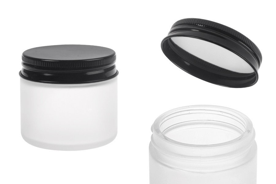Pot en verre dépoli transparent de 60 ml avec bouchon en aluminium noir et doublure intérieure