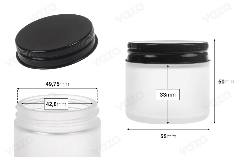 60 ml klares Milchglasgefäß mit schwarzem Aluminiumdeckel und Innenauskleidung-bildabmessungen