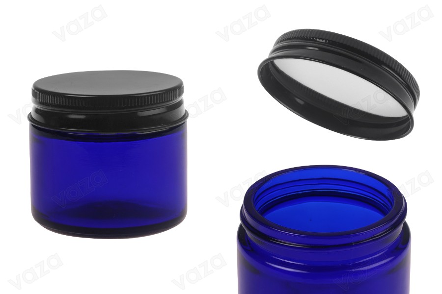 60 ml blaues Glasgefäß mit schwarzem Aluminiumdeckel und Innenauskleidung-produktbild