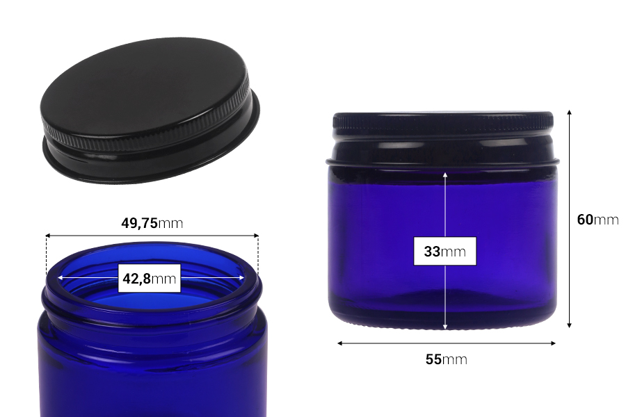 Pot en verre bleu de 60 ml avec bouchon et doublure intérieure en aluminium noir