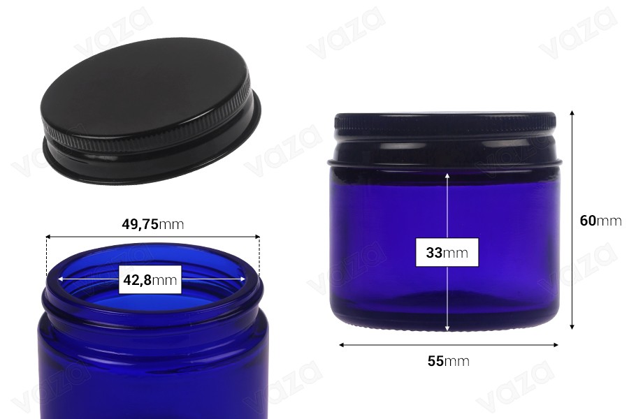 60 ml blaues Glasgefäß mit schwarzem Aluminiumdeckel und Innenauskleidung-bildabmessungen