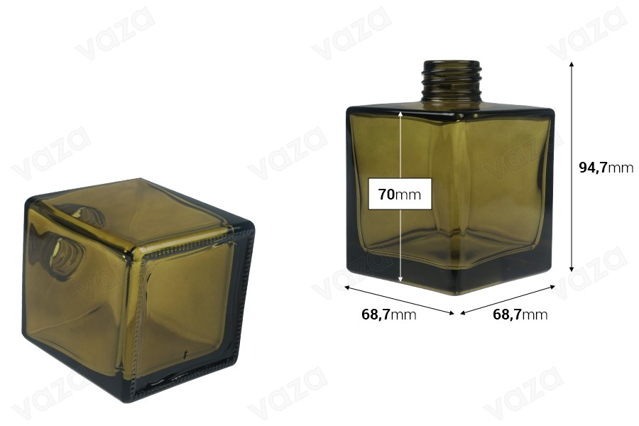 Flacon carré en verre de 200 ml de couleur ambre ou olive adapté au parfum d'ambiance-photo_dimensions