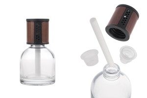 Διάφανο γυάλινο μπουκαλάκι 100 ml - διαχυτής αρώματος αυτοκινήτου με καφέ/μαύρο καπάκι, τάπα και βαμβακερό stick-εικόνα_προϊοντική
