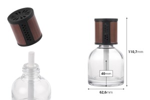 Διάφανο γυάλινο μπουκαλάκι 100 ml - διαχυτής αρώματος αυτοκινήτου με καφέ/μαύρο καπάκι, τάπα και βαμβακερό stick-εικόνα_διαστάσεις
