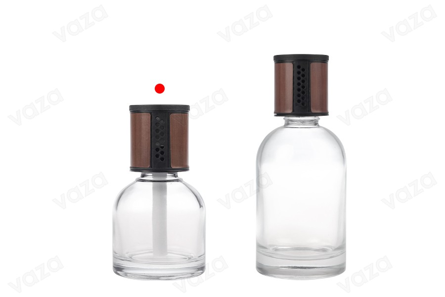 Flacon en verre transparent de 100 ml - désodorisant pour voiture avec bouchon marron/noir et bâtonnet en coton-photo_groupe
