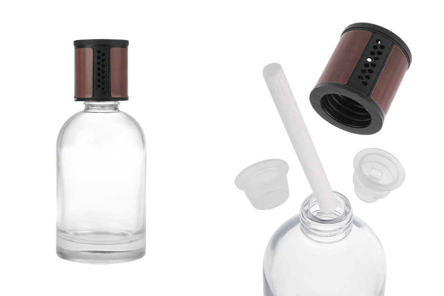 Shishe qelqi transparente 200 ml – aromatizues për makina me kapak kafe/zi, tapë dhe shkop pambuku Shishe qelqi transparente 200 ml – aromatizues për makina me kapak kafe/zi, tapë dhe shkop pambuku-imazh_produkt