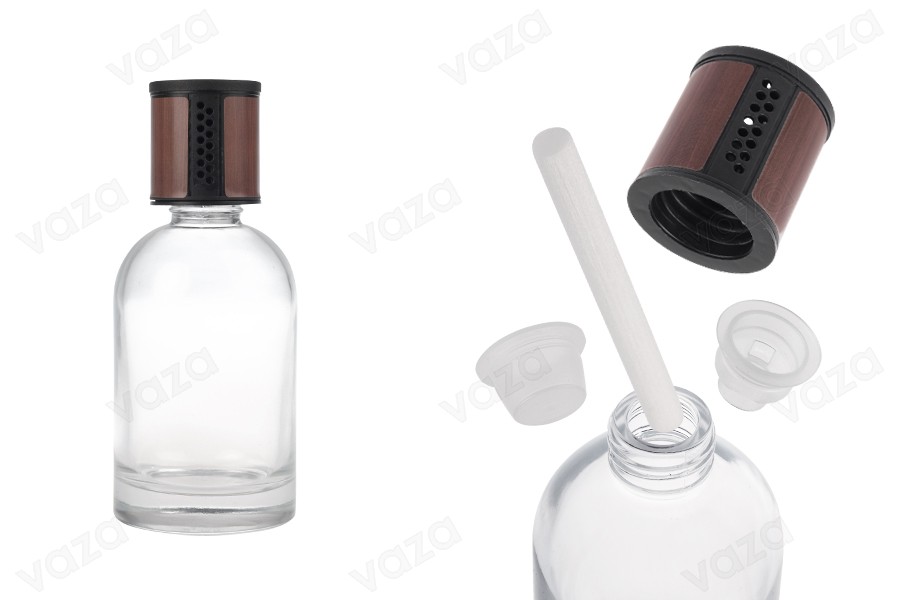 Flacon en verre transparent de 200 ml - désodorisant pour voiture avec bouchon marron/noir et bâtonnet en coton Flacon en verre transparent de 200 ml - désodorisant pour voiture avec bouchon marron/noir et bâtonnet en coton-photo_produit