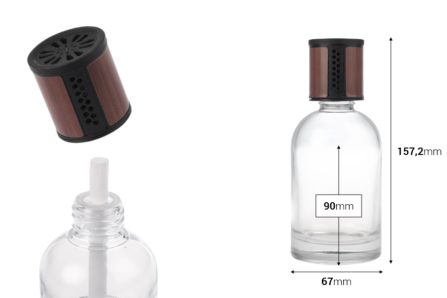 Shishe qelqi transparente 200 ml – aromatizues për makina me kapak kafe/zi, tapë dhe shkop pambuku Shishe qelqi transparente 200 ml – aromatizues për makina me kapak kafe/zi, tapë dhe shkop pambuku-imazh_dimensione