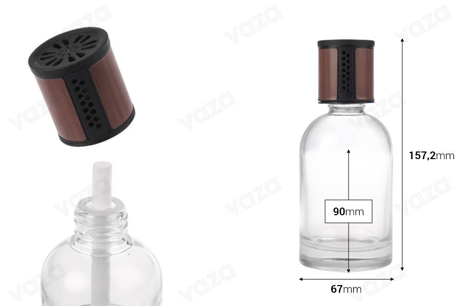 Flacon en verre transparent de 200 ml - désodorisant pour voiture avec bouchon marron/noir et bâtonnet en coton Flacon en verre transparent de 200 ml - désodorisant pour voiture avec bouchon marron/noir et bâtonnet en coton-photo_dimensions