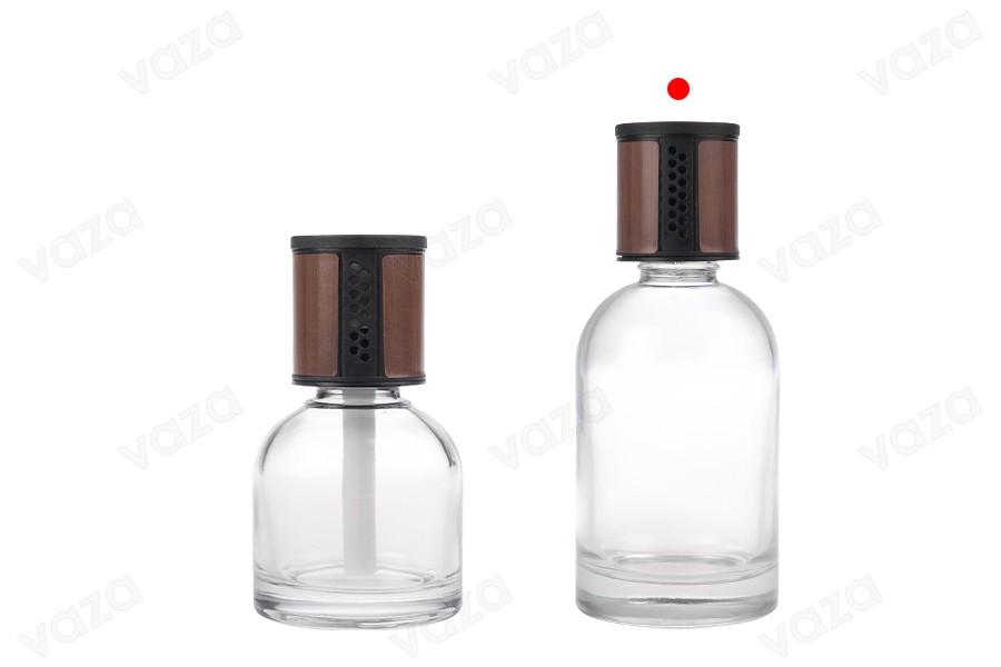 Flacon en verre transparent de 200 ml - désodorisant pour voiture avec bouchon marron/noir et bâtonnet en coton Flacon en verre transparent de 200 ml - désodorisant pour voiture avec bouchon marron/noir et bâtonnet en coton-photo_groupe