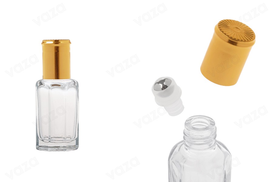 Roll on γυάλινο εξάγωνο μπουκαλάκι 10 ml με μεταλλική μπίλια και χρυσό καπάκι-εικόνα_προϊοντική