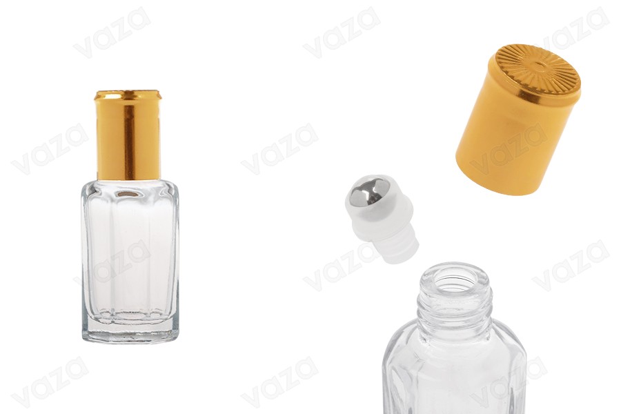 Flacone roll-on esagonale in vetro da 10 ml con sfera in metallo e tappo dorato Flacone roll-on esagonale in vetro da 10 ml con sfera in metallo e tappo dorato-immagine_prodotto