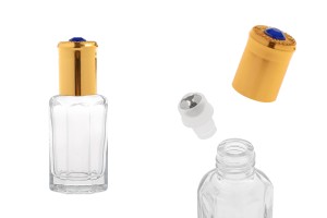 Flacon roll-on hexagonal en verre transparent de 10 ml, avec bille métallique et bouchon doré orné d'une pierre décorative.-photo_produit