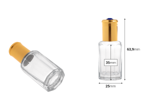 Flacon roll-on hexagonal en verre transparent de 10 ml, avec bille métallique et bouchon doré orné d'une pierre décorative.-photo_dimensions