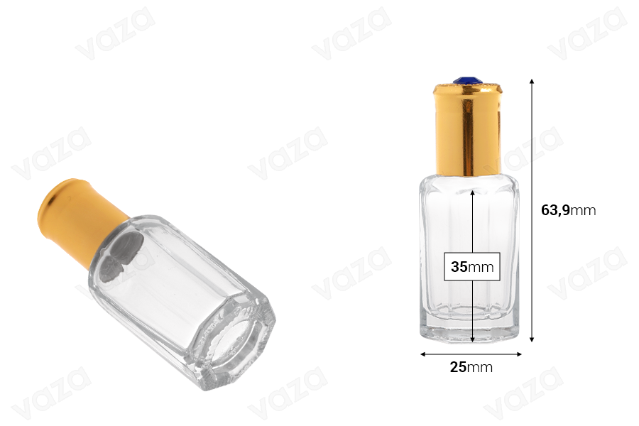Shishe gjashtëkëndore qelqi roll-on 10 ml transparente me sferë metalike dhe kapak të artë me gur dekorativ-imazh_dimensione