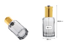 Flacone roll-on esagonale in vetro da 10 ml con sfera in metallo e tappo dorato con pietra decorativa-dimensioni_immagine