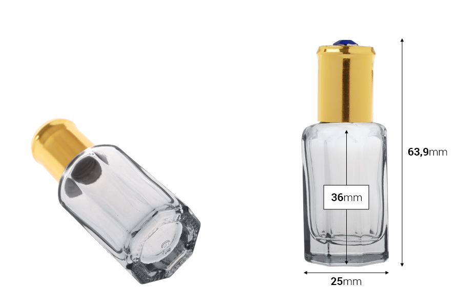 Flacone roll-on esagonale in vetro da 10 ml con sfera in metallo e tappo dorato con pietra decorativa-dimensioni_immagine