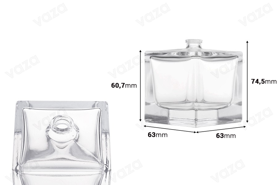 Flacon de parfum de 100 ml, de forme cubique, avec bouchon de sécurité à sertir de 15 mm Flacon de parfum de 100 ml, de forme cubique, avec bouchon de sécurité à sertir de 15 mm-photo_dimensions