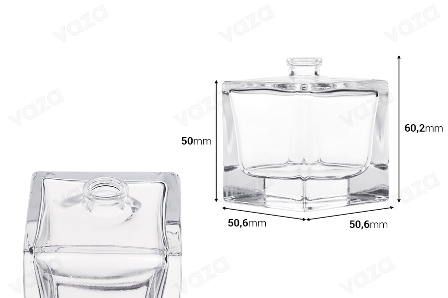 Shishe parfumi 50 ml në formë kubi me mbyllje sigurie crimp 15 mm      -imazh_dimensione