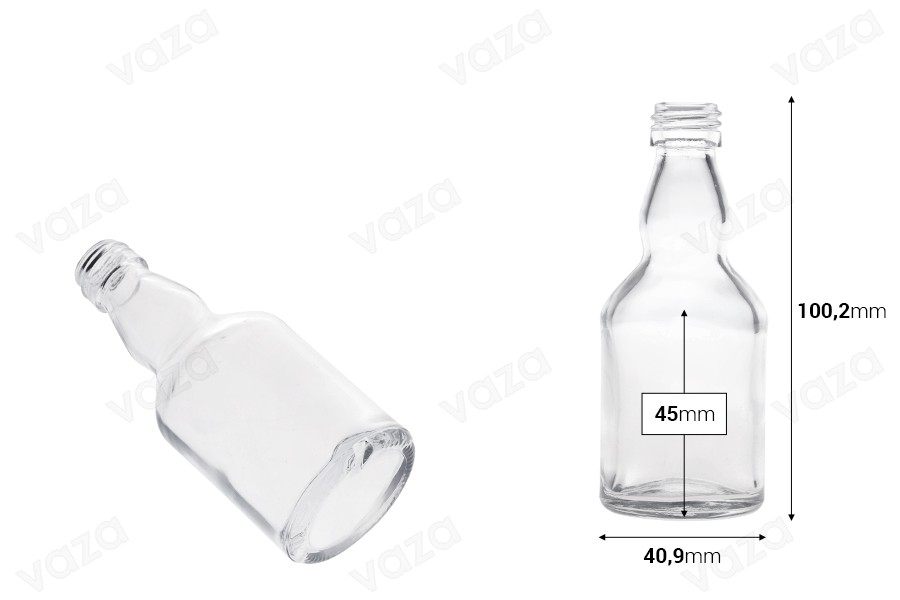 Petite bouteille en verre de 50 ml (PP 18) pour boissons ou huile d'olive-photo_dimensions